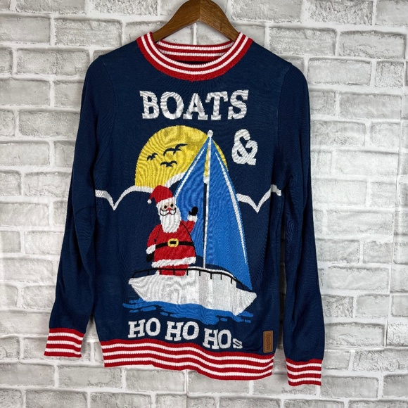 Tipsy Elves Boats & Ho Ho Ho Christmas Ugly Sweater Pullover Crewneck Mens SMALL - Picture 1 of 8